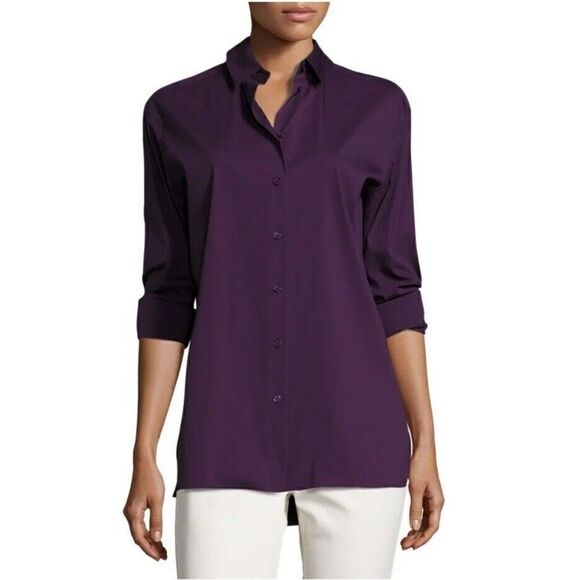 Lafayette 148 New York Dannell Eggplant Button Down Stretch Hi Low  Blouse 2 - Picture 1 of 7